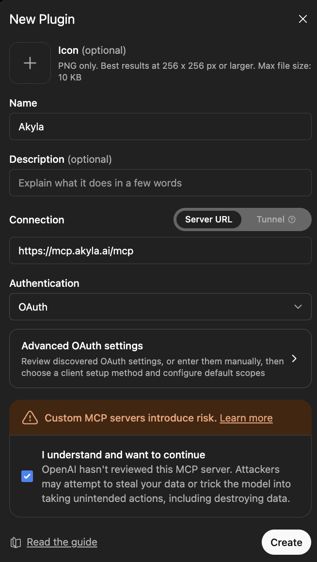 ChatGPT's New Plugin form with the Akyla server URL and OAuth authentication selected